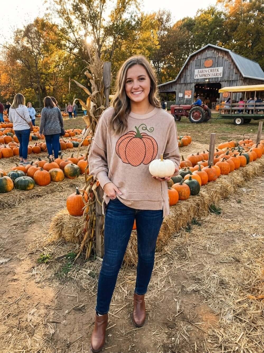 Fantastic Fawn Tan Waffle Knit Pumpkin Patch Graphic Pullover Sweatshirt